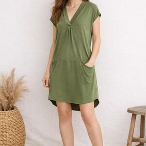 Dolan Anthropologie Olive Cupro Cocoon Shift Dress Medium Pockets